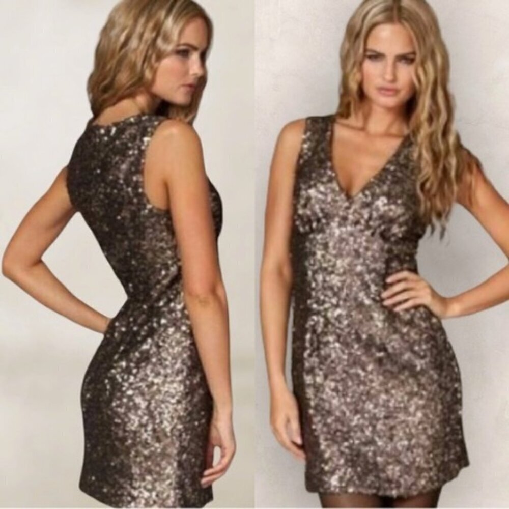 FRENCH CONNECTION Lucinda Brown Bronze Fitted Fully Sequinned Mini Dress US 8